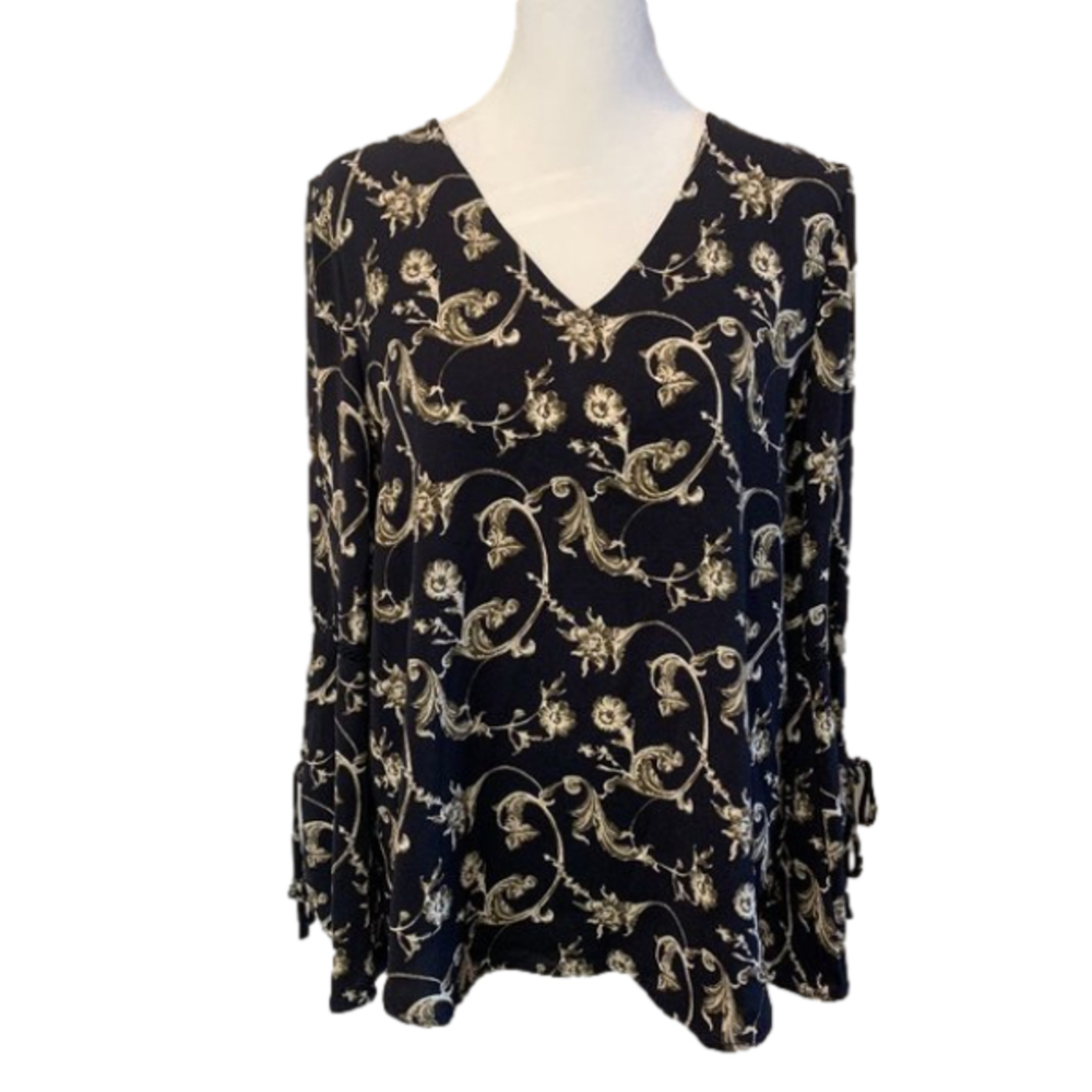 Ro & De Blouse, Blue/Gold, V- Neck front, Long Sleeves w/ detailed ties, size S